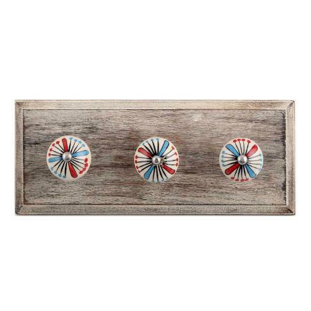 Blue and Red Ceramic Wooden Hooks